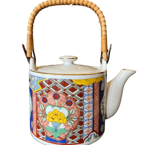Imari Style Ware Tea Pot Gold Lined Wicker Handle - Picture 1 of 8